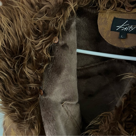 Kaity Brown Faux Fur Collar Vegan Leather Patchwork Coat Sz L Penny Lane Jacket - Picture 8 of 11